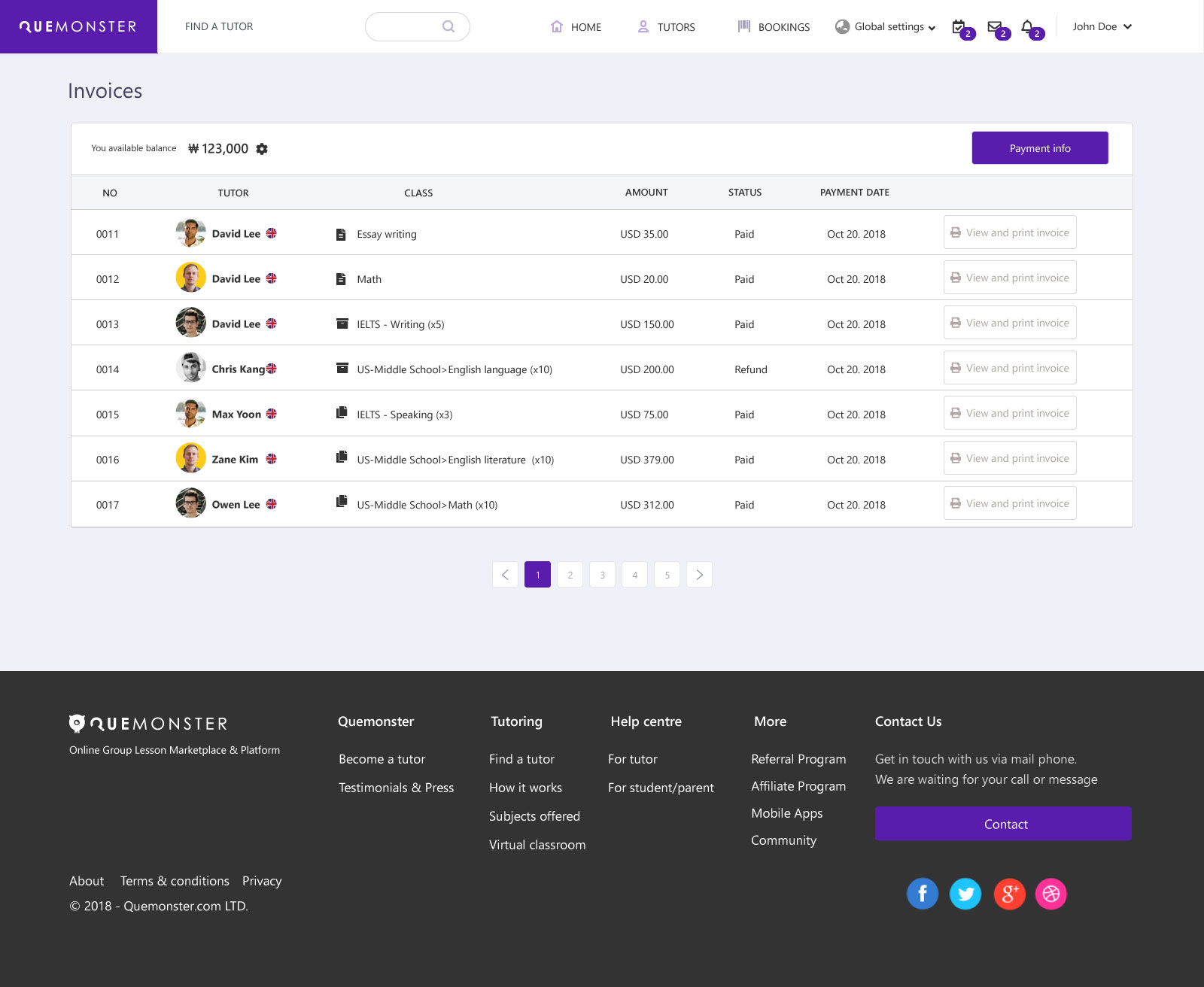 Student Dashboard Invoices