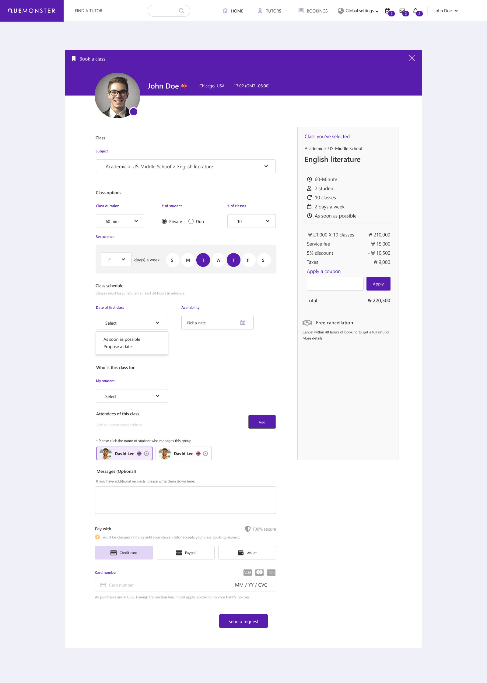 Book a Class Parent View