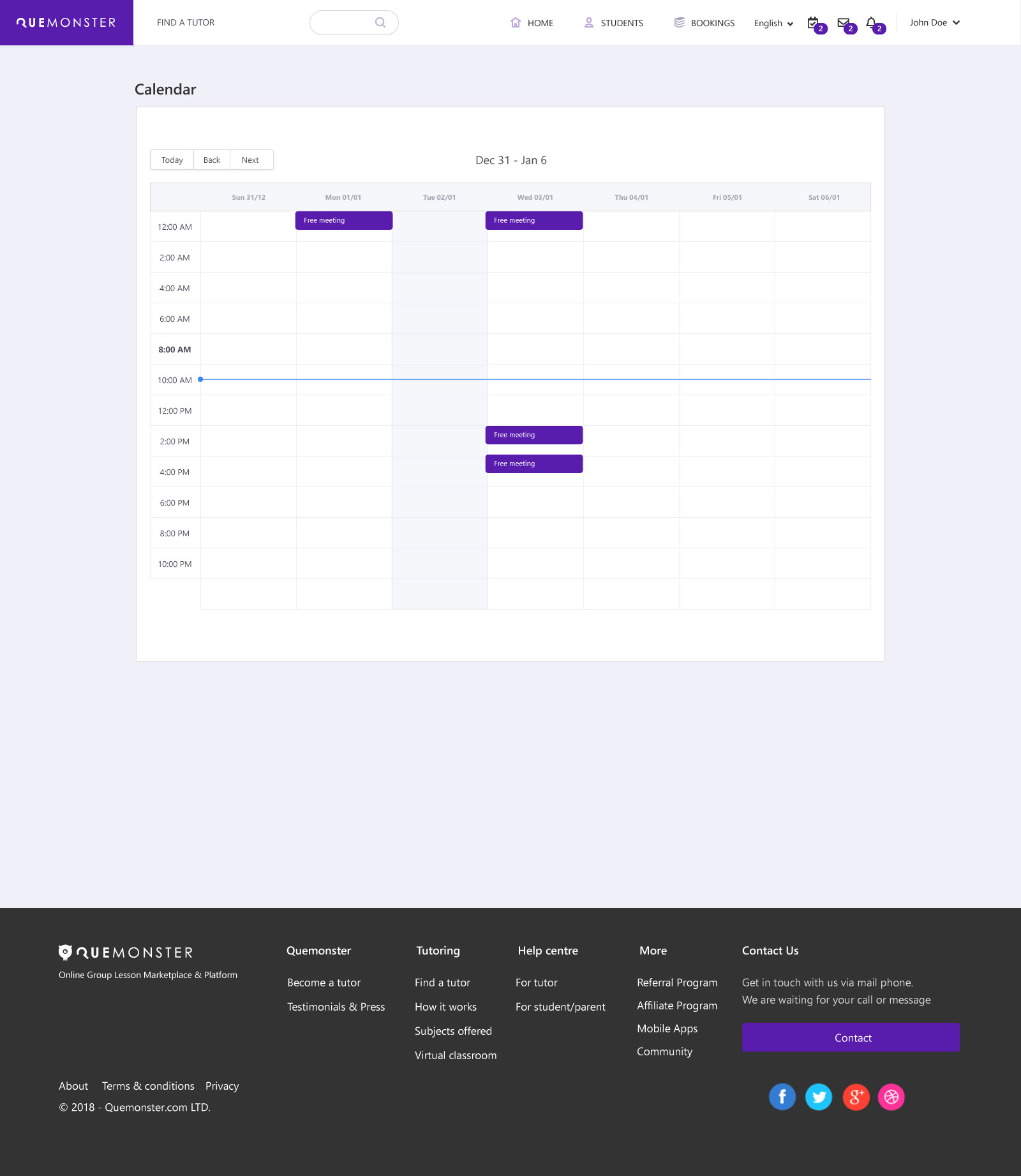 Tutor Scheduling Calendar