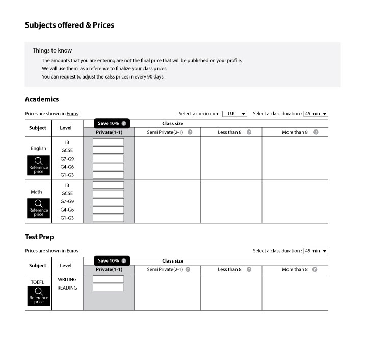 Tutor Class Price Steps